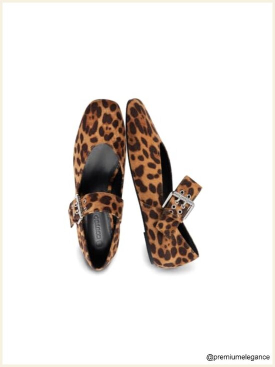 Shoes - Square Toe Adjustable Strap Mary Jane Flats with Wide Buckle, Memory Foam